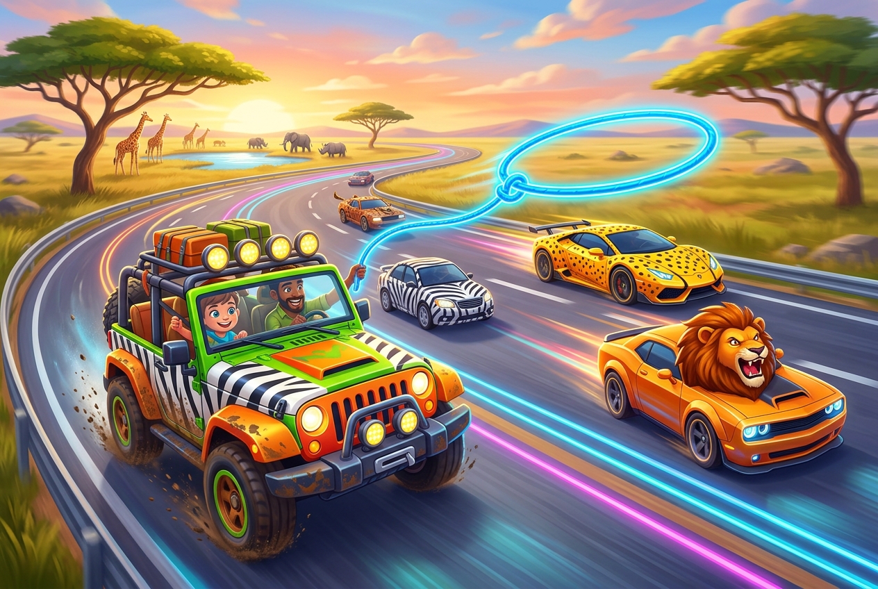 Car Safari game artwork — 3D highway with animal cars