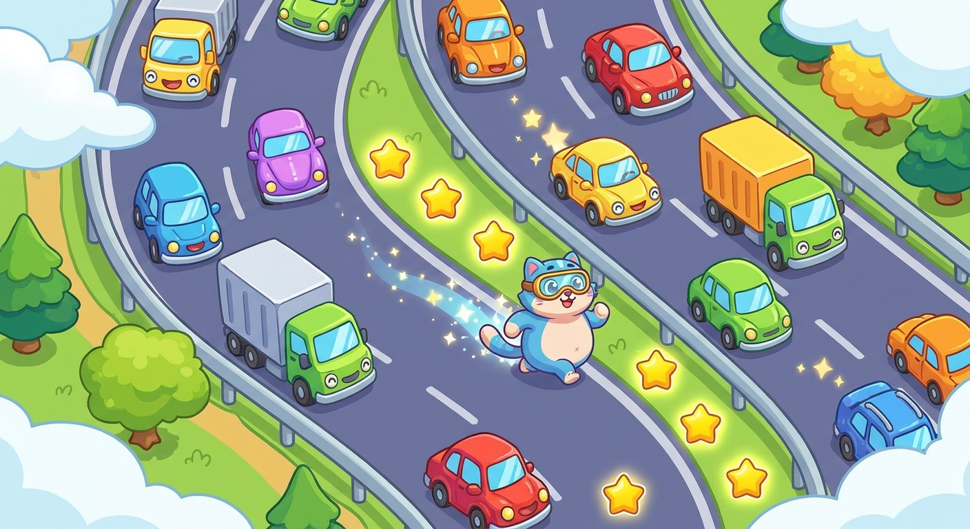 Road Tap game artwork — cartoon highway with colorful cars